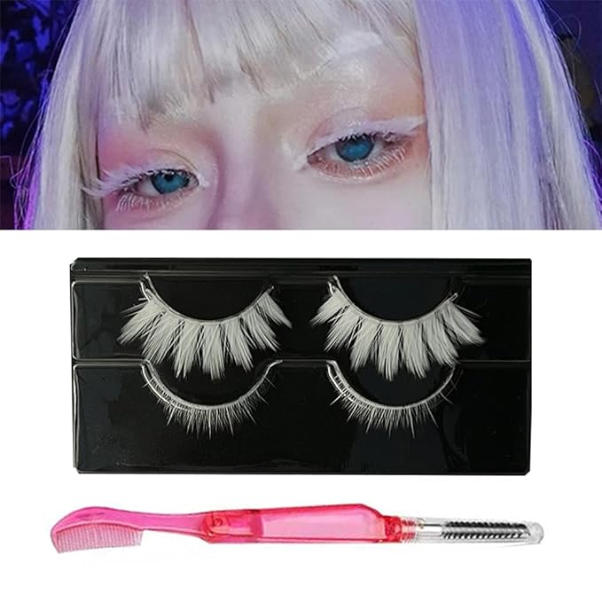 White Lashes With 2 IN 1 False Eyelashes Comb Cosplay Lashes Halloween Easter Eye lashes Extension Makeup Tools Upper Bottom Lashes Set White Eyelashes (MQ12UD)