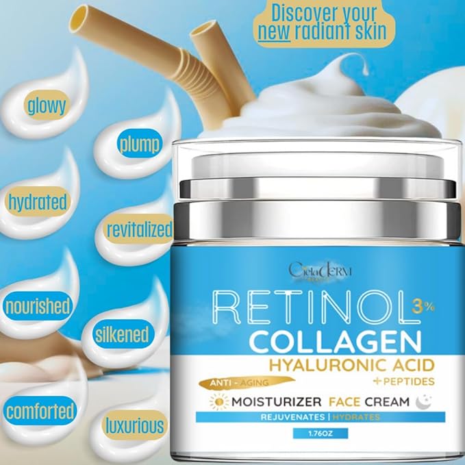 Face Moisturizer Retinol Cream with Collagen and Hyaluronic Acid | Day & Night Anti-Aging and Anti-Wrinkle Skin Barrier Hydration Cream for All Skin Types
