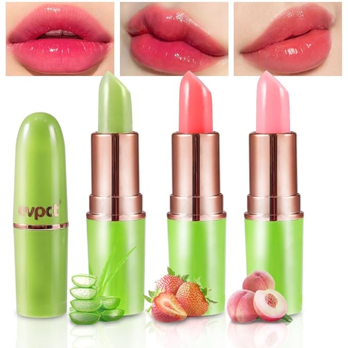 BINGBRUSH Aloe vera Color Changing Lipstick,Moisturizer Long Lasting Lip Care Magic Lip Gloss,Makeup Lipstick Set (3pcs Aloe+Strawberry+ Peach, 3 Count (Pack of 1))