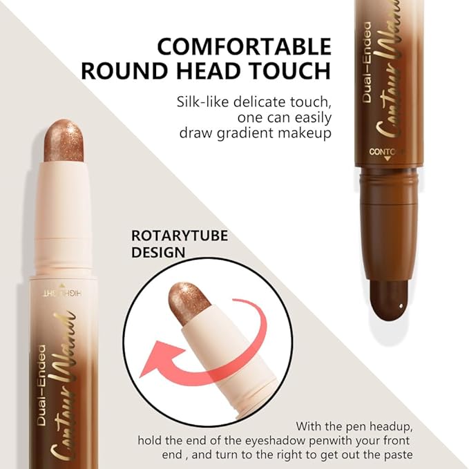 2in1 Black Cocoa+Bronzer Shimmer Cream Contour Highlighter Stick, Dual-Ended Highlighter Makeup Contour Stick, Contour Stick Dual Ended For Face Body Makeup, Long Lasting Waterproof for All Skin Tones