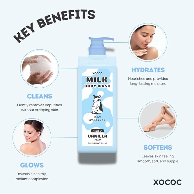 Vanilla Milk Body Wash, Hydrating Daily Cleanser for Soft Smooth Skin, Infused with Milk Protein & Vanilla Scent, Skin-Friendly Formula, 33.8 fl oz