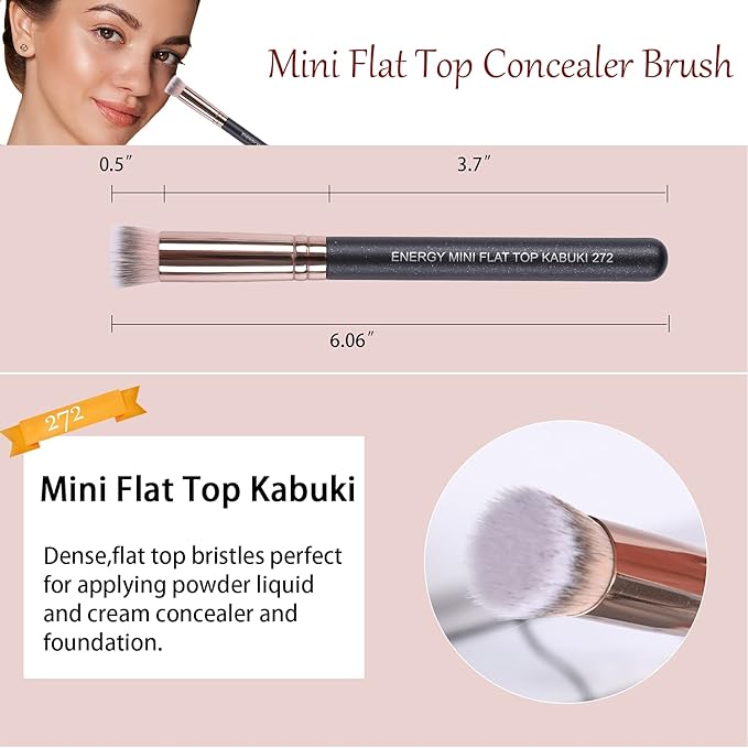 ENERGY Under Eye Concealer Brush Mini Flat Top Kabuki Foundation Brush with Synthetic Bristles for Concealing,Blending,Setting,Buffing with Powder,Liquid,Cream Cosmetics,Vegan Makeup Brush