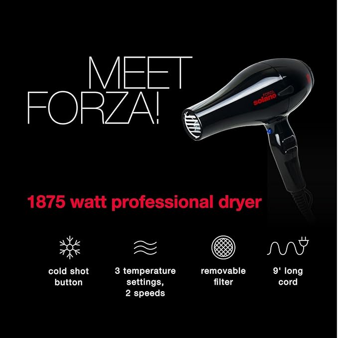 Solano Forza Ultra-Fast Ionic Far Infrared Hair Dryer | Eliminate Frizz + Enhances Volume | 1875 Watt + Tourmaline + Internal Silencer | Italian-Made