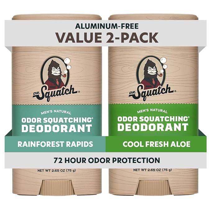 Dr. Squatch Natural Deodorant for Men - Odor-Squatching Aluminum Free - Rainforest Rapids & Cool Fresh Aloe (2.65 oz, 2-Pack)