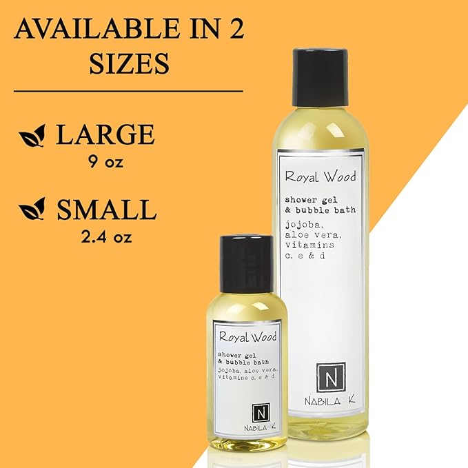 Nabila K Royal Wood Shower Gel & Bubble Bath, 9 oz – Non-Drying Body Wash with Jojoba, Aloe Vera & Vitamins – Naturally-Derived, Sulfate-Free – Made in USA – For Men & Women