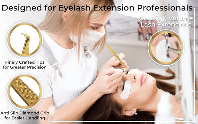 M LASH Tweezers for Eyelash Extensions (Set of 4) - Professional Lash Extension Tweezers - Fiber Tip, Japanese Steel, Diamond Grip Eyelash Extension Tweezer (Matte Black)