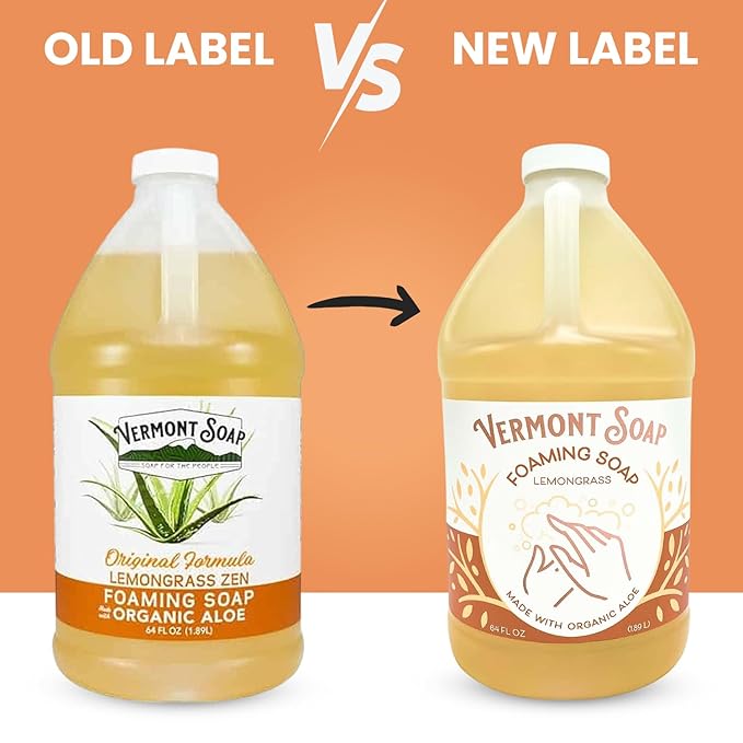 VERMONT SOAP Organic Lemongrass Zen Foaming Hand Soap - Natural Moisturizing Soap for Dry Skin - Fragrance Free Liquid Bathroom Hand Soap - Lemongrass Zen - 64 oz