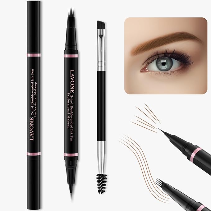 Eyebrow Pencil Makeup Kit, with Waterproof 2-IN-1 Microblading Eyebrow Pen, Eyebrow Pomade, Eyeliner and Dual-ended Eyebrow Brush, Brow Pencil Kit for Natural Eyebrows - Soft Brown