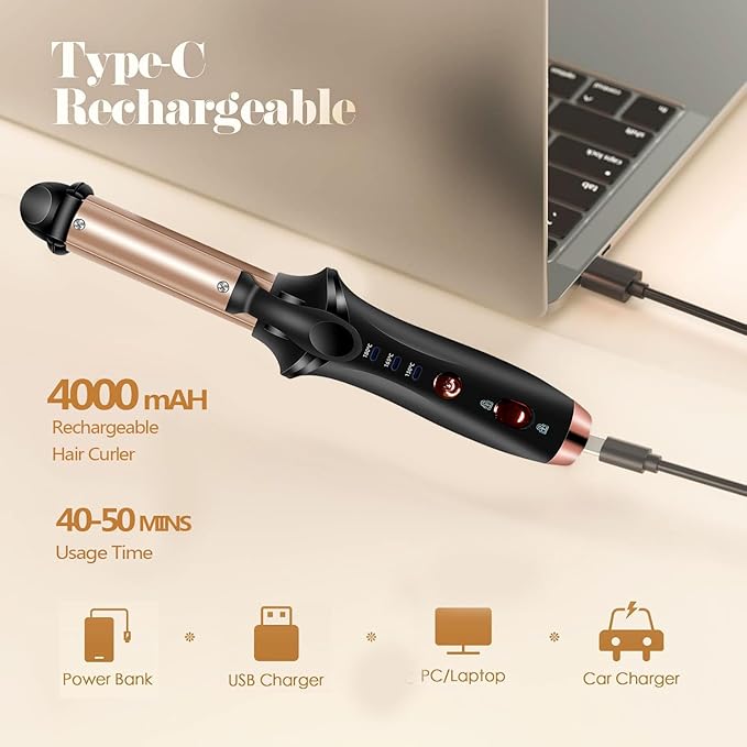 Cordless Curling Iron, Travel Curling Iron USB Rechargeable Ceramic Curling Wand, 302°F-356°F Mini Flat Iron with 3 Temp Setting,Hair Curlers for Short Hair Straightener and Curler 2 in 1