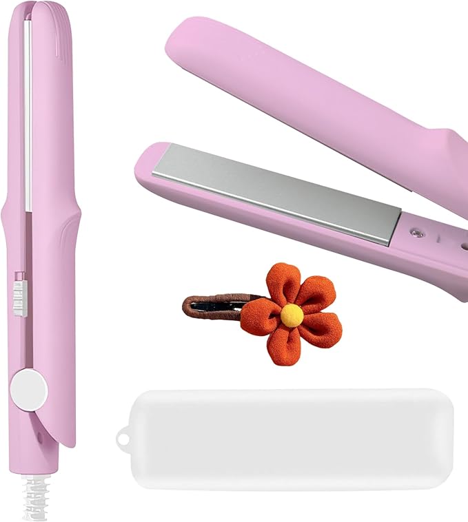 Pipiup Curling Iron, Pipiup Mini Curling Wand & Straightener, Dual Purpose Travel Tool for Styling Short Hair (Pink)