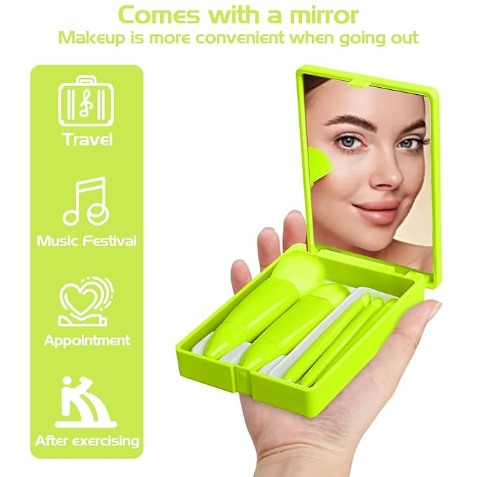Travel Makeup Brush Set, Portable 5 PCS Mini Makeup Brushes with Mirror, Easy-taken Makeup Tool Set for Eyeshadow, Contour, Blush, Complete Function Cosmetic Profesional Tools (Green)