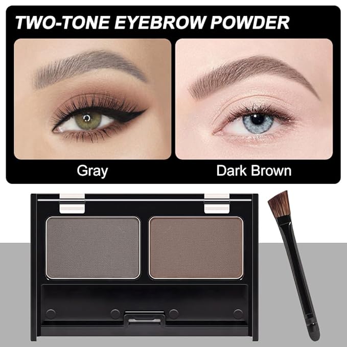 Eyebrow Powder Kit, Long-Lasting Waterproof Two Colors Matte Brow Powder, Eye Brow Powder for Women with Double-ended Eyebrow Brush, Purse-Friendly Compact (A02# Dark Brown+Grey, 1Pcs)