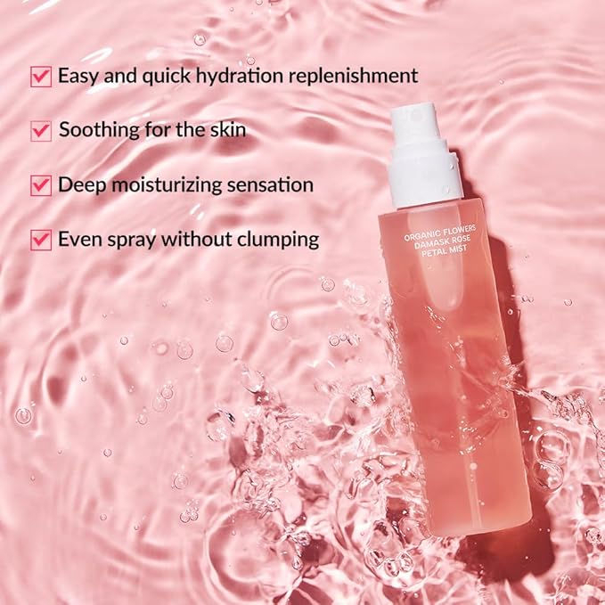 Whamisa Organic Flowers Damask Rose Petal Mist, Facial Mist Spray, Waterless Formula, Fermented Postbiotics, Hydration, Portable, Korean Skin Care (100ml)