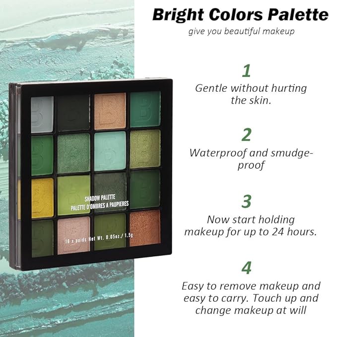 evpct 16 Colors Green Glitter Eye shadow Palette Makeup Waterproof Dark Light Green Yellow orange Brown Shimmer Highly Pigmented Pressed Sparkly Shiny Eyeshadow Palette paletas de sombras para de ojos