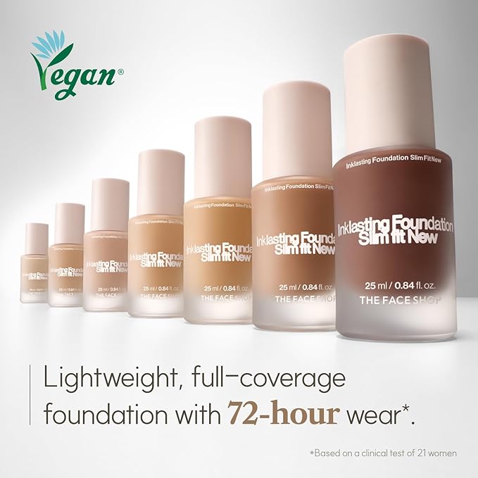 THE FACE SHOP Ink Lasting Liquid Foundation, Full Coverage, 72‑Hour Wear Semi‑Matte Finish, Makeup with Bakuchiol, W510 Hazelnut, 0.84 Fl. Oz.