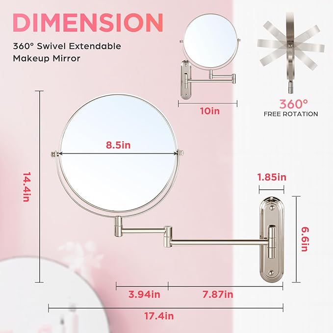 Wall Mounted Makeup Mirror, 15X/1X Double Sided Magnifying Mirror, 8.5 Inch Round, Brushed Nickel, Modern Style, Space Theme, 13" L x 11" W