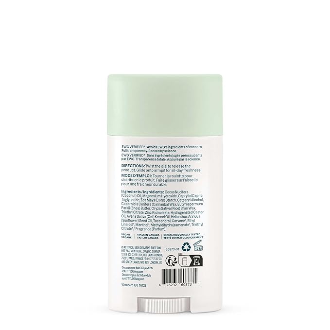 ATTITUDE Deodorant for Sensitive Skin, Aluminum Free & Baking Soda Free, Gentle & Vegan, Long-Lasting Odor Protection, Fresh Apple Scent, 2.64 Oz