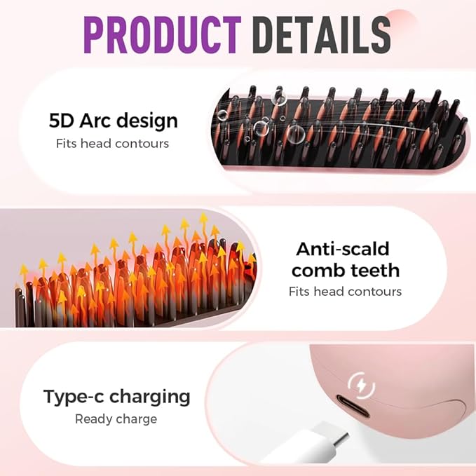 Go Brush Pro, Cordless Hair Straightener Brush, Portable Mini Hair Straightening Brush with 3 Temperature Settings & LED Display, USB Rechargeable Fast Heating Hairs Brush for Travel (Pink)