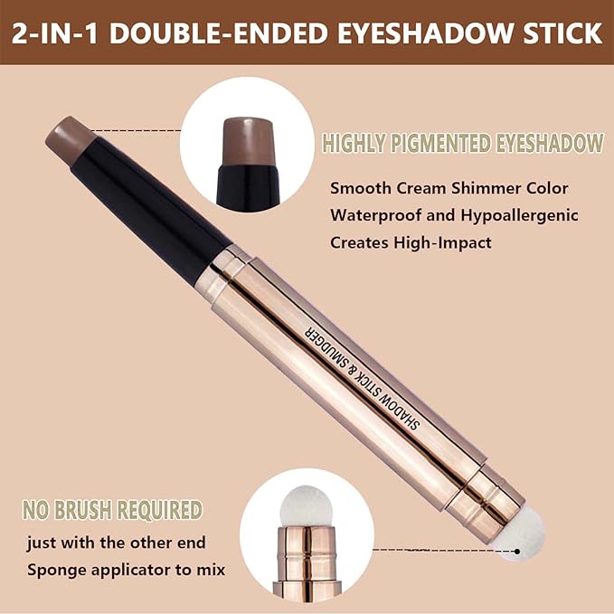 Brown Eyeshadow Stick and Sponge Makeup Brush Smooth Cream Shimmer Shadow Pencil Long Lasting Waterproof Eye Shadow Highlighter Stick Makeup Eye Liner Multi-Dimensional eyes Look