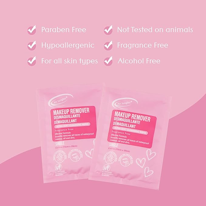 Air Jungles 250 Count Individual Makeup Remover Wipes, Bulk Size Individually Wrapped, Extra Large Facial Towelettes For All Skin Type, Fragrance-Free, Hotel Travel Size Toiletries
