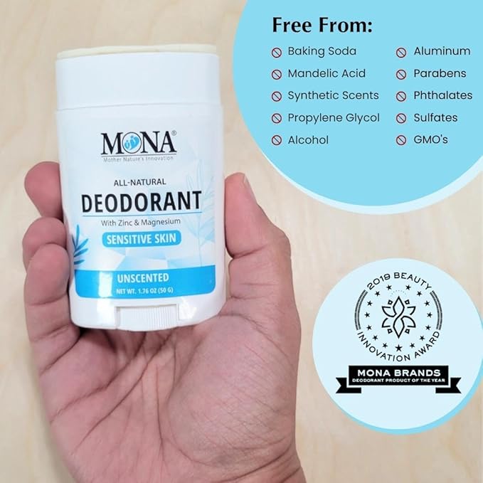 MONA BRANDS All Natural Deodorant For Women & Men | For Sensitive Skin | No Aluminum or Baking Soda | (2-Pack UNSCENTED 1.76 Oz each)