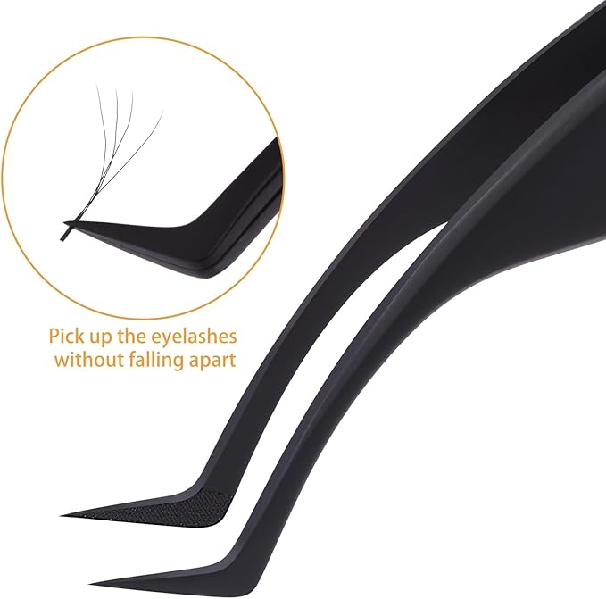 Lash Extension Tweezers, Professional Fiber Tip Lash Tweezer Set for Classic & Volume Lashes, High Precision Eyelash Tweezers Kit– Black Set of 2, Ideal for Lashes Artists