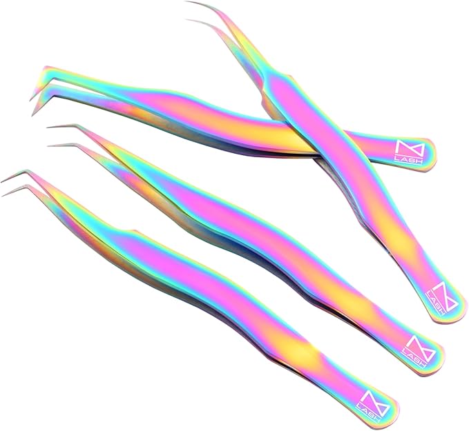 M LASH Eyelash Tweezers for Eyelash Extensions (Set of 4) - Professional Lash Extension Tweezers - Fiber Tip Lash Tweezers, Japanese Steel, Diamond Grip For Flawless Application (Multi Color)