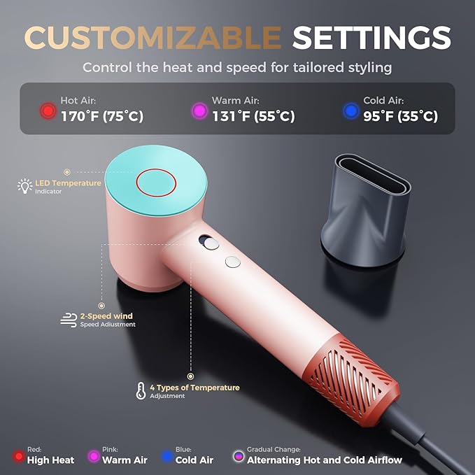 Infrared Hair Dryer, with Magnetic Nozzle - 160000 RPM Quiet lonic Blow Dryer for Women, with Frizz Control & No Heat Damage, Red Light Negative Ions, Fast Drying, for All Hair Types
