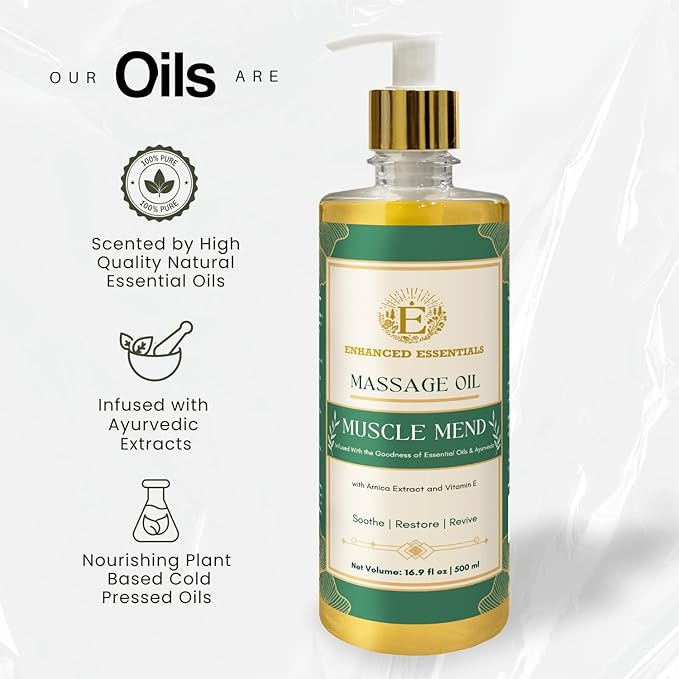 Luxurious Massage Oil by Enhanced Essentials|with Ayurvedic Extracts & Essential Oils | Firms, Nourishes & Uplifts Skin | Fast-Absorbing, Non-Greasy, Clean Formula|16.9 fl oz (500ml) (Muscle Mend)