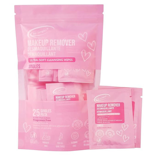 Air Jungles Makeup Remover Wipes Single Wrapped, 25 Ct, Mini Travel Size for Cleansing Face and Eyes, Fragrance-Free, Alcohol-Free, Infused with Vitamin E for All Type Skin
