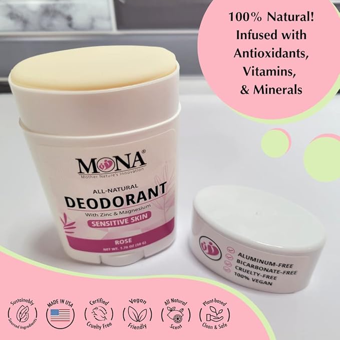 MONA BRANDS All Natural Deodorant For Women & Men | For Sensitive Skin | No Aluminum or Baking Soda | (2-Pack ROSE 1.76 Oz each)