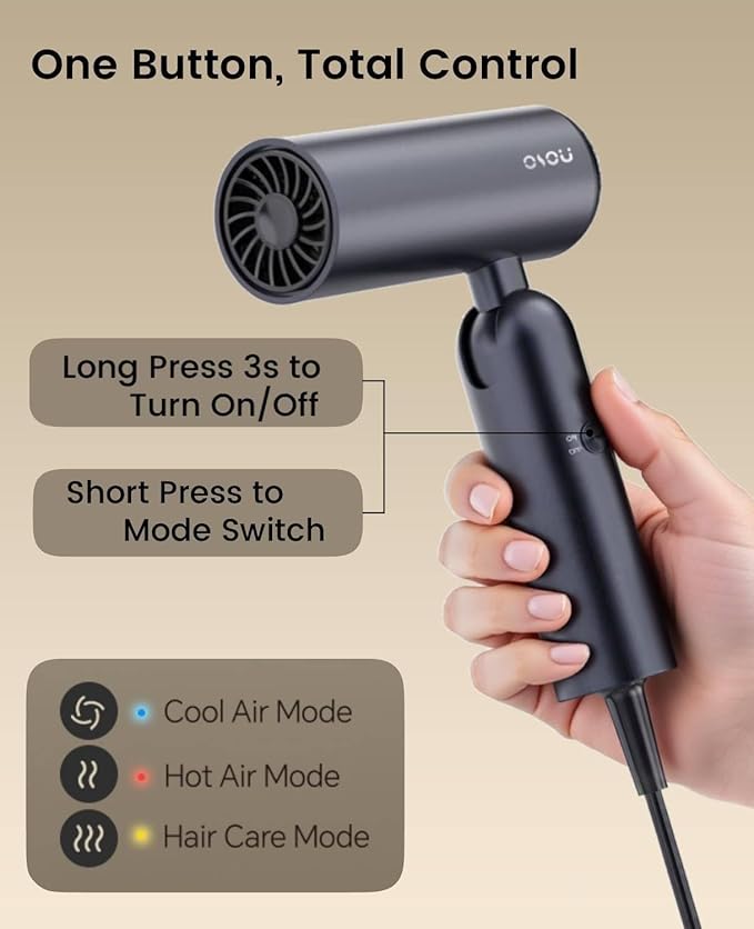Foldable Hair Dryer for Travel - Global Voltage with Auto-Sensing, 1B Plasma Particles, 200times/s Temp Control, Portable Blow Dryer with Single-Sided Comb, Gray