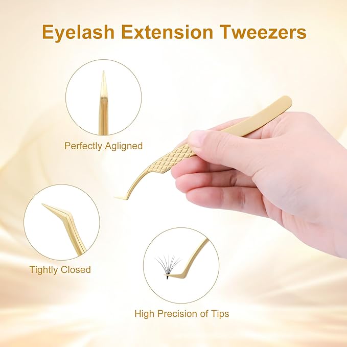 NAGARAKU Precision Fiber Tip Tweezer for Eyelash Extensions Diamond Grip Anti-Static Anti-Slip Premium Stainless Steel Pointed Volume Eyelashes Tweezers Supplies with Box(S Curved Tip Tweezer AG-08)