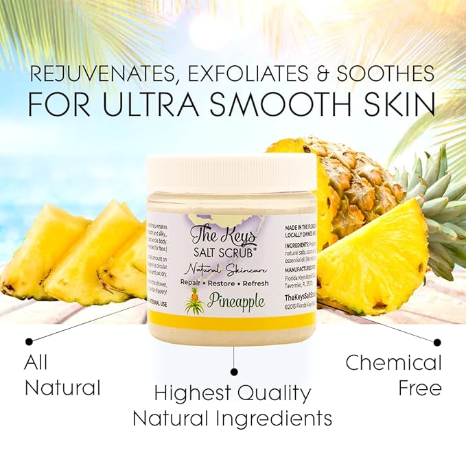 The Keys Salt Scrub -Sea Salt Scrub - Exfoliating Body Scrub with Wooden Spoon - Moisturizing Exfoliator for Hands, Foot, Bath, (Pineapple) (3.4 Fl Oz (Pack of 3), Pineapple)