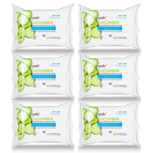 Epielle Cucumber Makeup Remover Wipes, Gentle Daily Facial Cleanser Towelettes, Remove Dirt, Oil & Waterproof Mascara, Stocking Stuffers, 30 Count (Pack of 6)