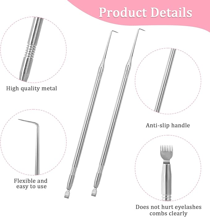 Eyelash Perm & Tint Rods, 2 Pack Stainless Steel Eyelash Separator Tool - Reusable Lash Lift Kit with Metal Lash Tools, Pointed Tips & Separating Comb, Perming Brush & Tinting Supplies