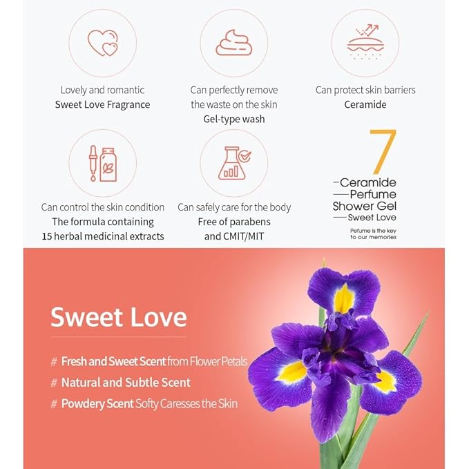 MASIL 7 Ceramide Perfume Shower Gel for Sensitive Skin, Moisturizing Body Wash for Women, Aroma Liquid Soap with 15 Natural Extracts, Korean Skincare Bath & Home Spa (1, Sweet Love)