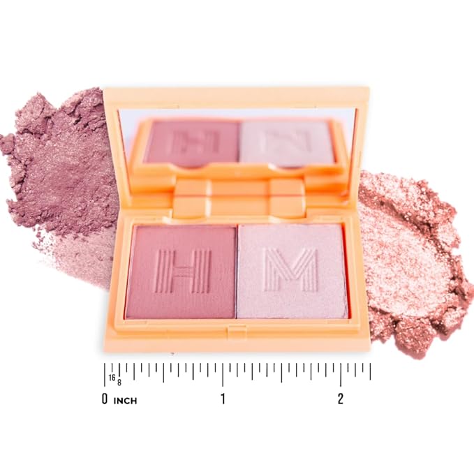 Blush + Brighten Highlighter Duo, Mini Lightweight Blendable Shimmer Blush, High Pigmented Makeup Powder Palettes, Cruelty Free - Don't Hurry, Be Happy!
