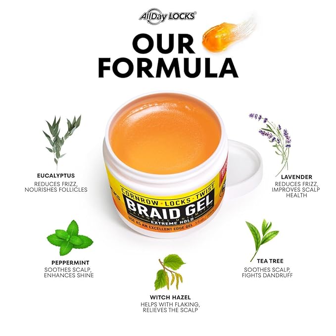 AllDay Locks Braid Gel (10 oz) | Extreme Hold, High Shine | Frizz & Flake-Free Edge Control | Tea Tree, Lavender, Peppermint Oil | Slick & Style Braids, Locks, Twists, Cornrows | 10 oz