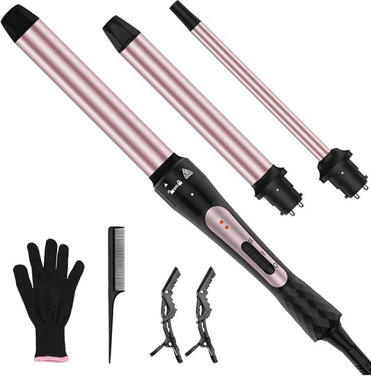 Wand Curling Iron Set, 3 in 1 Curling Iron with Interchangeable Barrels (0.35", 1", 1.25") for Versatile Curls, Fast Heating Curling Wand Hair Waver, Crimper Hair Tool Ideal for Gifts
