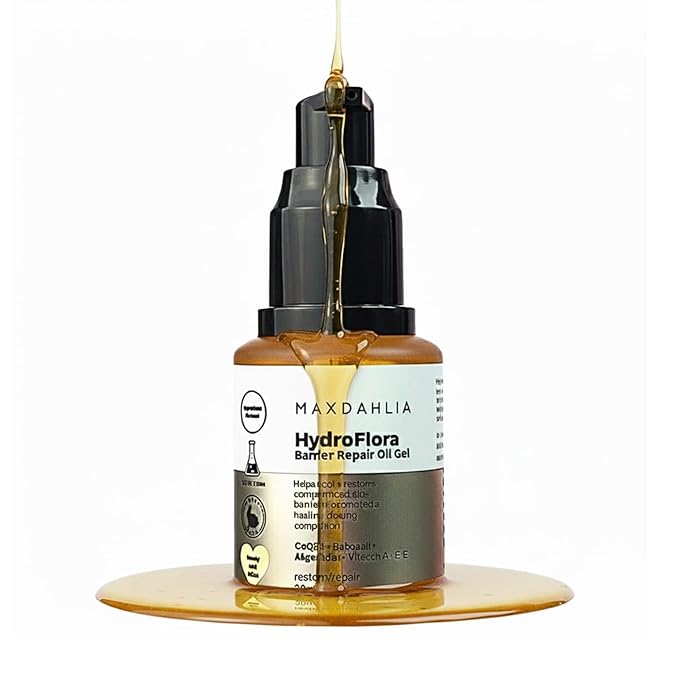 HydroFlora Barrier Repair Face Oil Gel– Lightweight, Non-Greasy Facial Oil for Women with Vitamin E, Bakuchiol & CoQ10 for Deep Hydration & Skin Barrier Support
