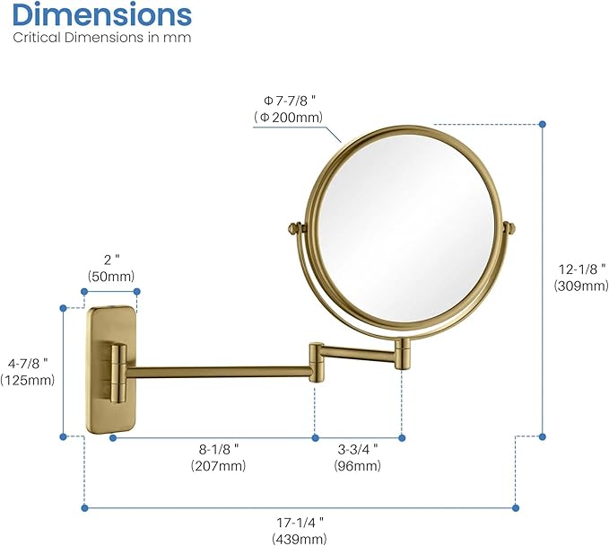 KIBI Circular Wall Mount Makeup Mirror, Dual-Sided 1x/5x Magnifying Mirror with Extendable Arm, 360° Swivel, Solid Brass Construction for Durability and Style (Brushed Brass - KMM100)
