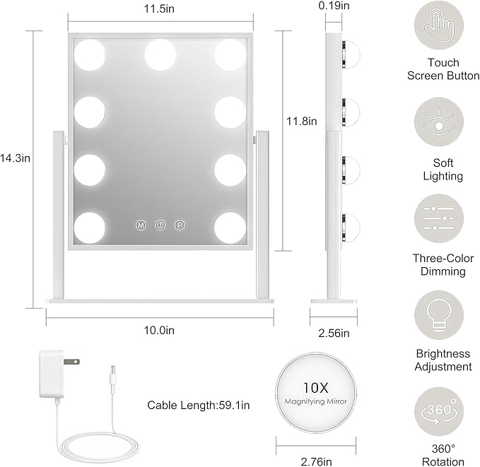 Lighted Vanity Mirror with 9 LED Lights, Detachable 10x Magnifying Mirror, 3-Color dimmable Hollywood Makeup Mirror, Smart Touch Control, Metal Frame, 360-degree Rotation, White/Black (White)