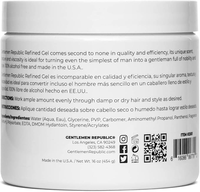 Gentlemen Republic Refined Hair Gel for Men 16oz - Professional Formula for 24 Hr Shine and Strong Hold, Humidity Resistant Styling Gel for hair, 100% Alcohol-Free and Never Flakes, Made in USA - 2pk