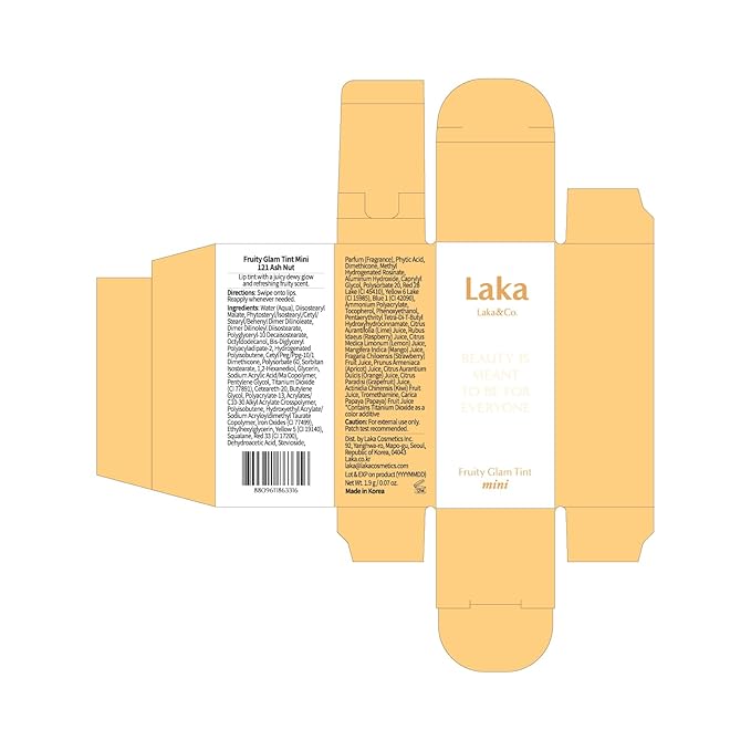Laka Fruity Glam Lip Tint Mini, Glowing Lip Stain with Wide Color Spectrum, Hydrating & Lightweight Texture, Long-Lasting Bold Stain, Non-Sticky, Vegan, K-Beauty (121 Ashnut)