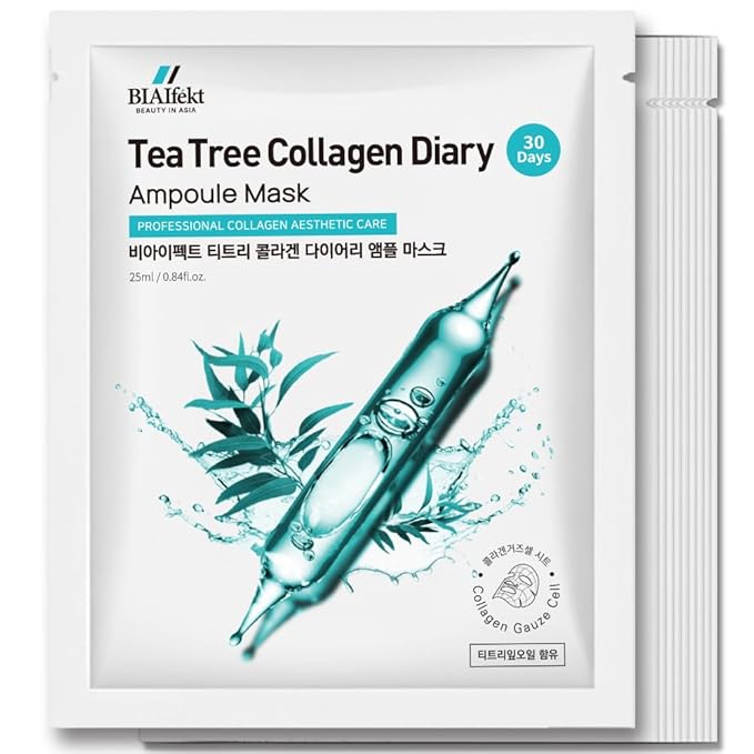 BIAIfekt TEA TREE COLLAGEN Diary Ampoule Maskㅣsheet face mask, KOREAN Skin care, Blemish, Hydrating, Soothing, Nourishing, Glass skins, Cooling, Premium daily, BEYOND HYDROGEL