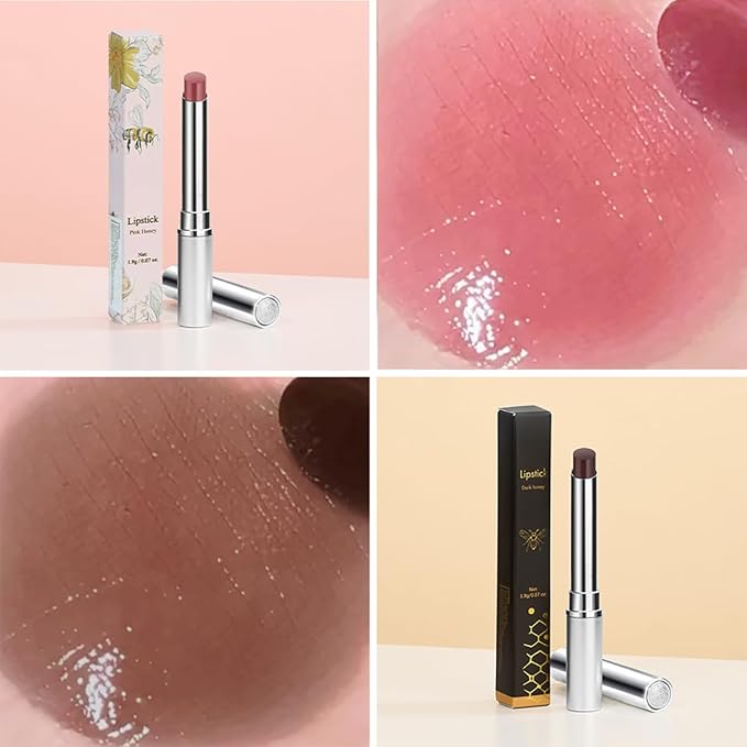 Honey Lipstick Tinted Lip Balm, Hydrating Natural Glossy Lip Color, Long-lasting Moisturizing Lip Balm Honey Collection Lipstick Set (Pink+Dark Honey, 0.07oz)
