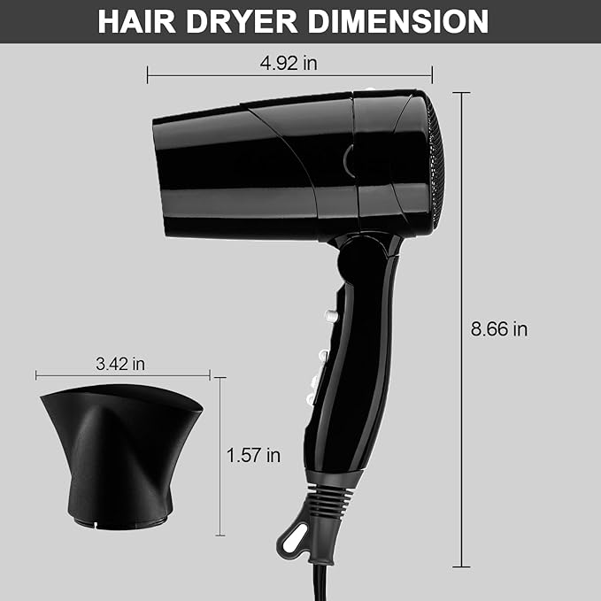 Travel Compact Hair Dryer, 1875W Lightweight Blow Dryer with Detachable Handle, 1 Nozzle, 2 Heat Settings, 2 Speed Slide Switch, Cool Shot Button, Fast Drying for Family, Student (Black)