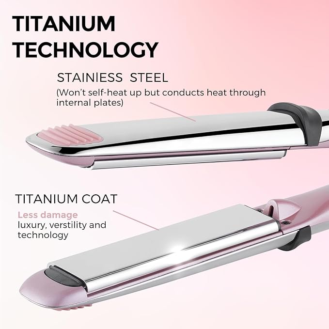 Professional Titanium Flat Iron with 1 1/4 Inch Floating Plates, Hair Straightener and Curler 2 in 1 with 10 Adjustable Temp Up to 480 ℉, Negative Ion & Dual Voltage Fast Heating Hair Tools