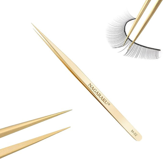 NAGARAKU Tweezers for Eyelash Extensions Straight Precision Isolator Tweezers Professional Pointed Volume Easy Fanning Lash Pinzas Stainless Steel Precise Pointy Long Tip for Lashes Isolation (M-02)